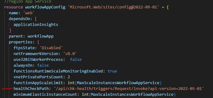 Logic App Standard health check path property in Bicep