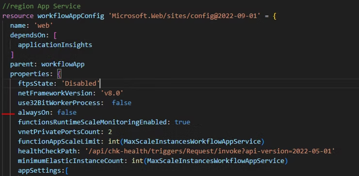 Bicep code, please note that the value of alwaysOn should be set to true